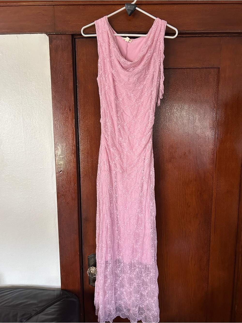 See You Monday Pink Lace Cowl-Neck Maxi Dress
